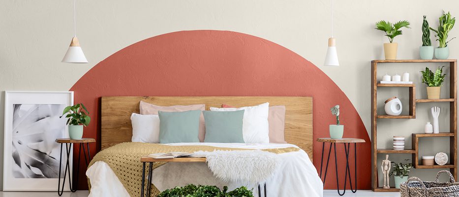 Tendances couleur design Dulux 2024 V1 chambre à coucher arche Épices cajun mur beige clair Sablier