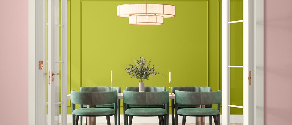 Tendances couleur design Dulux 2024 V3 salle à manger traditionnelle mur vert Rose de bonheur